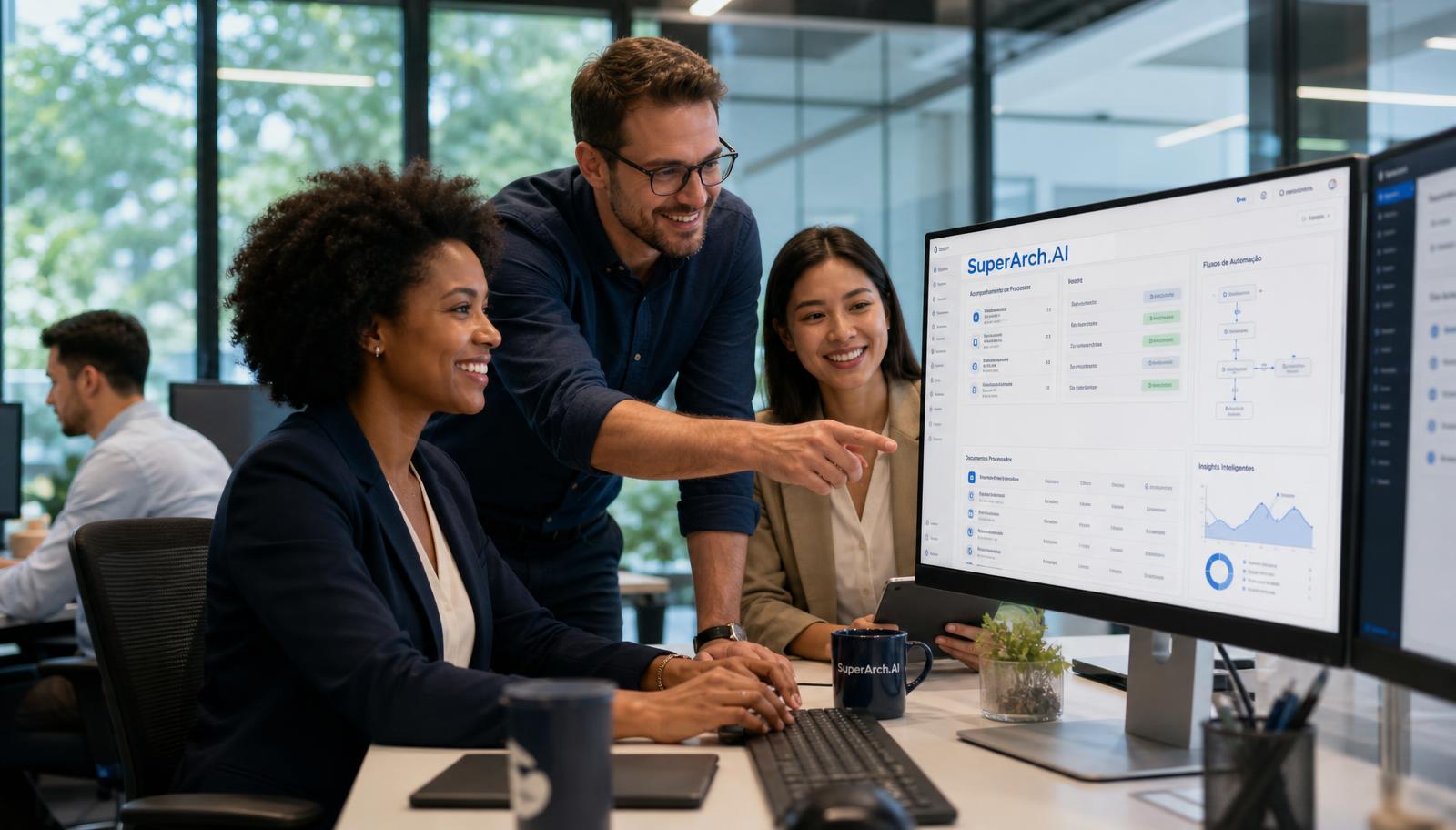 Equipe em escritório corporativo utilizando sistemas digitais da SuperArch.AI