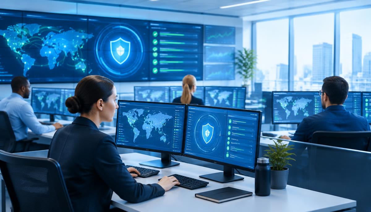 Equipe de segurança monitorando sistemas empresariais protegidos