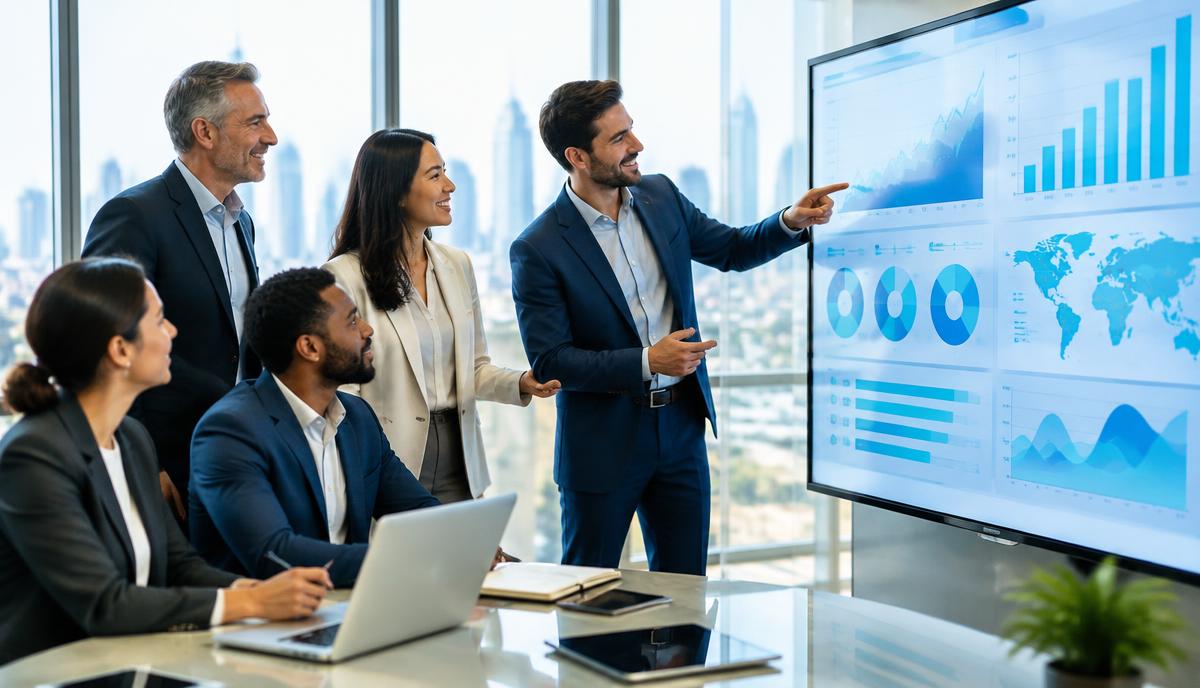 Executivos tomando decisões com apoio de painéis de dados