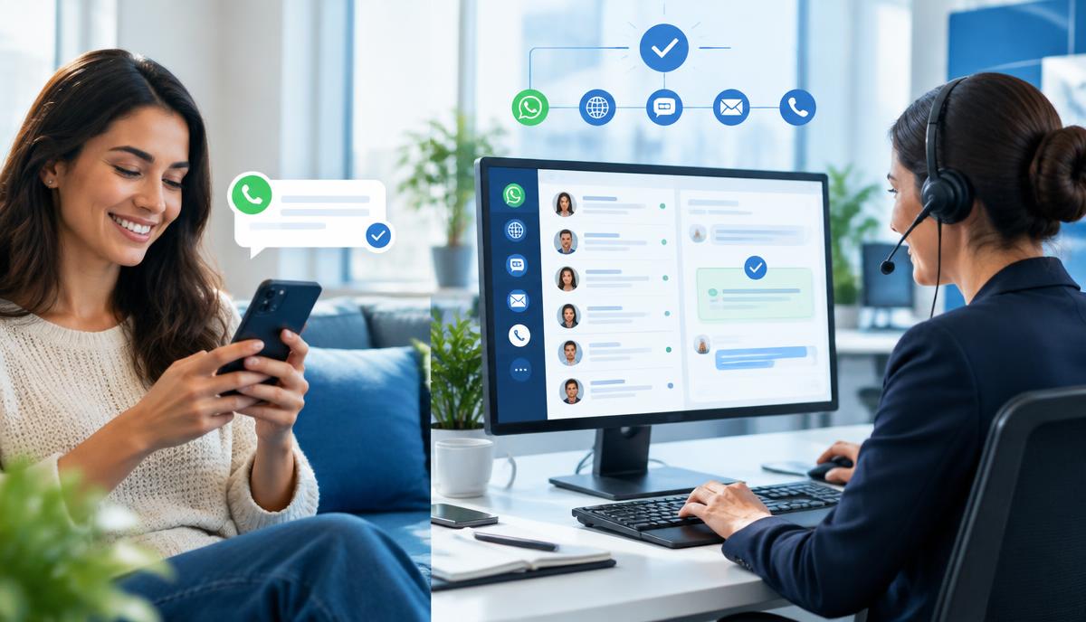Cliente satisfeita recebendo atendimento por mensagens em diferentes canais