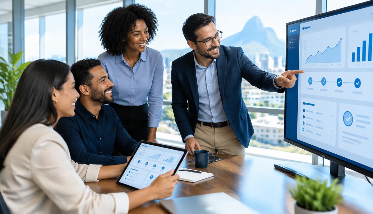 Equipe satisfeita utilizando um sistema sob medida em computadores e tablet